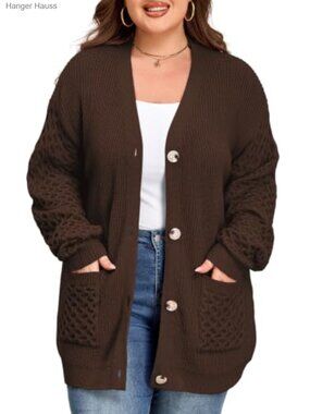 Plus Size Chunky Knit Cardigan Button Down Long Sleeve Sweater